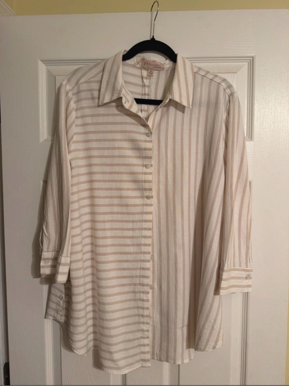 Philosophy Beige and White Striped Button-Down Blouse